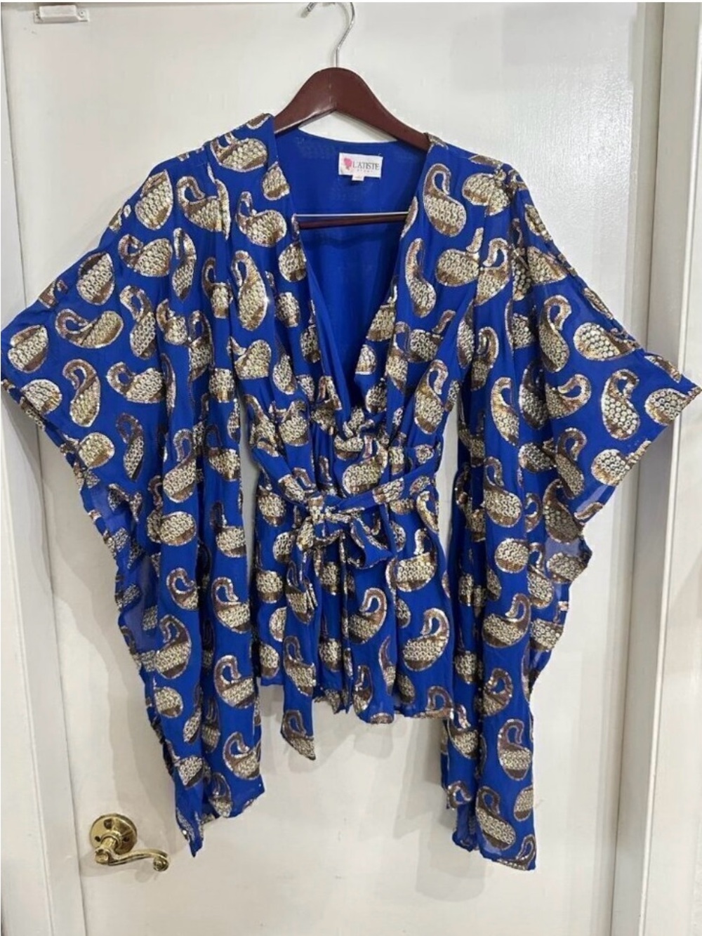 Royal Blue Paisley Print Romper with Dramatic Sleeves - Picture 4 of 5